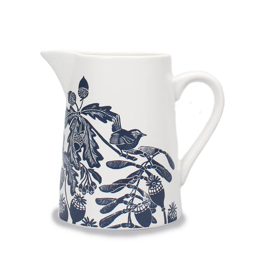 Ceramic Jug Pitcher Acorns Thistles Woodland Blue