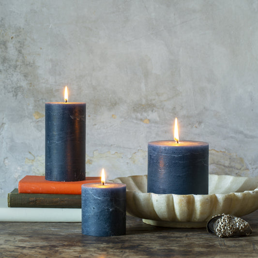 Rustic Pillar Candle ~ Inky Blue