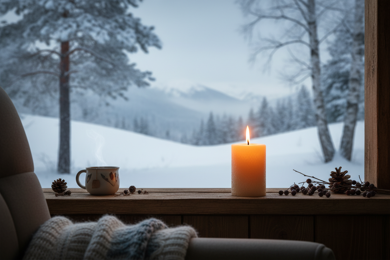 Candle on windowsill with winter view