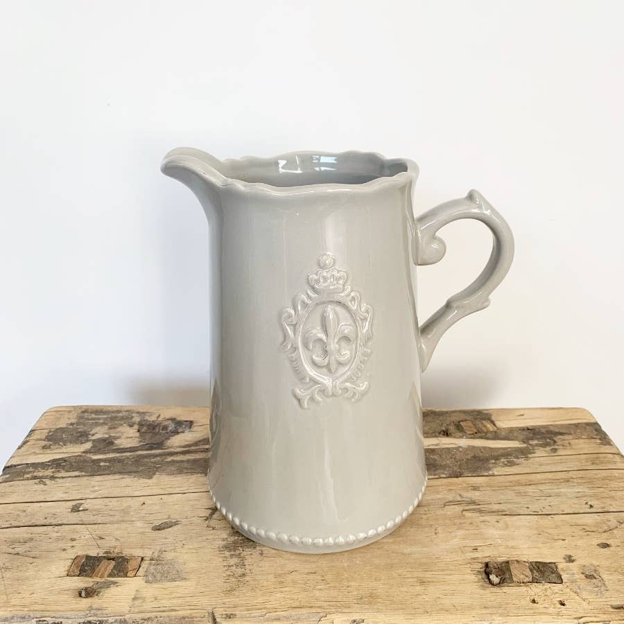 Grey Fleur De Lis Ceramic Jug, 18cm